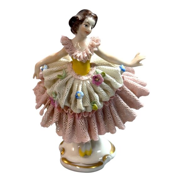 Vintage Elegant Volkstedt Germany Dresden Ballerina Pink Porcelain Figurine 4.5